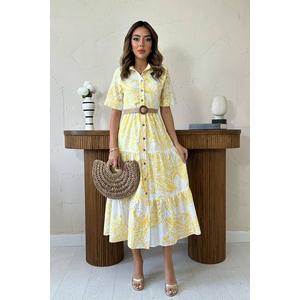 Vestido Amarillo Bordado con Corte en A, Cuello Redondo, Cintura Natural, Tejido Transpirable, Estilo Casual y Holgado - Product Image 4