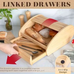 Boîte à pain en bambou pour cuisine, rangement en bois avec tiroir pour pain et couverts, utilisation sur table - Product Image 4