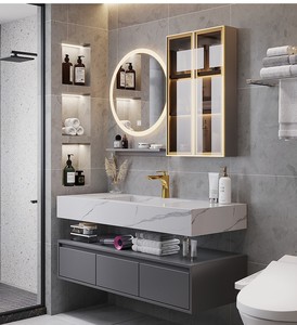 Modern Minimalist Seamless Sintered Stone Basin Vanity Rubber Wood Bathroom Sink CabinetFloating Design - Product Image 3