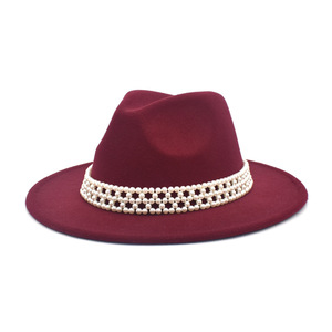 Sombrero Fedora de invierno de alta calidad con banda de perlas Fieltro de lana de poliéster de color sólido para fiesta de adultos apropiado - Product Image 3