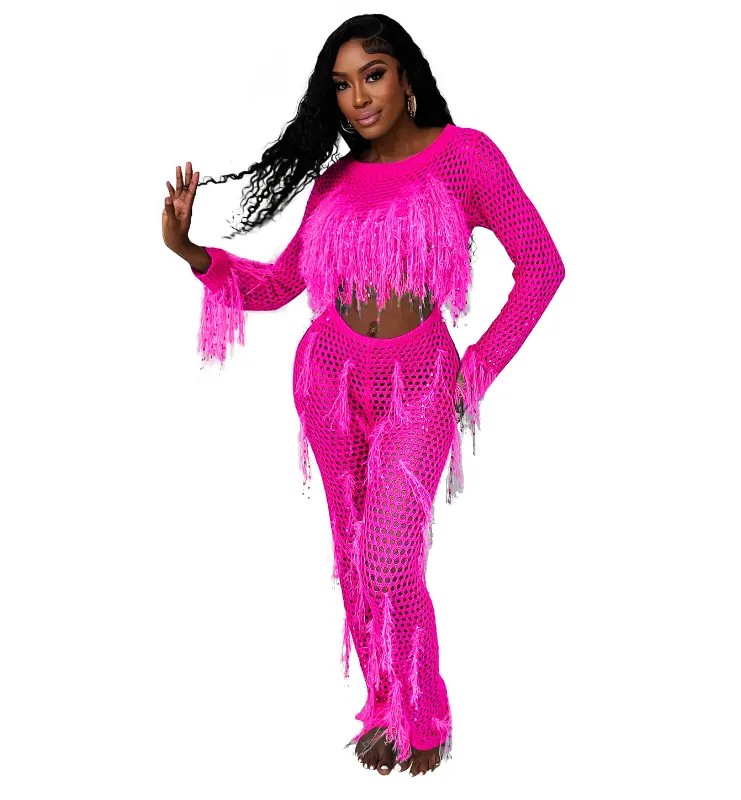 STOCK 5Colors Handmade Women Hollow out Crochet Beach Cover Up Fringe Sequin Mesh Tassel Women Jumpsuit