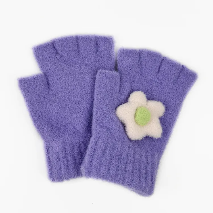Kids Fur Fingerless Gloves Winter Half Finger Knit Lovely Soft Gloves Stretchy Warm Typing Gloves Winter Mittens purple