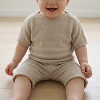 Ensembles de pulls pour bébés en coton avec logo personnalisé, ensembles de vêtements pour nouveau-nés, pantalon tricoté, manches courtes, ensemble tricoté pour enfants