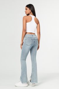 High Waisted <b>Flare</b> Jeans With <b>Sequined</b> Frayed Hem Light Blue Denim Women's Casual Summer Style Full Length Regular Fit - Product Image 6