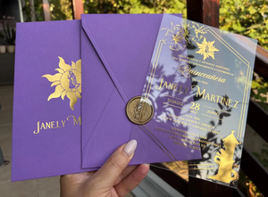 Invitación de Boda de Lujo 2026, Juego Completo en Acrílico, con Bolsillo, Impresión en Dorado, Invitación Acrílica con Bolsillo Morado - Product Image 4