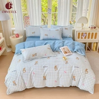 Housse de couette rayée lavée à motif cœur mignon Orvetex, ensemble de couette pour hôtel et maison
