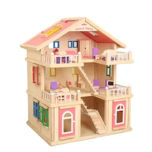 HOYE CRAFTS 3 floor large villa toy wooden doll house with mini furniture toy