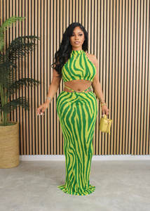 Citeert Casual Tweedelige Set Gestreepte Mouwloze Tops Voor Dames En Lange Gebreide Jurk, Sexy Bijpassende Eenset - Product Image 3