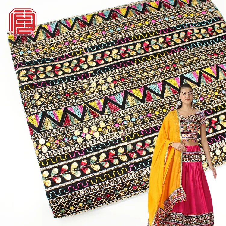 2023 Tribal Sequin Embroidery Fabric 85% Rayon 15% Nylon Traditional for Lehenga Ethnic Garments