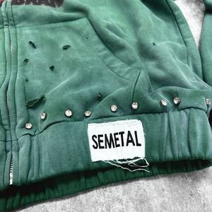 Sudadera con Capucha Estampada de Estilo Urbano Vintage, Sudadera con Capucha Personalizada de Felpa Gruesa con Pedrería, Sudadera con Capucha con Cierre y Lavado Ácido - Product Image 5