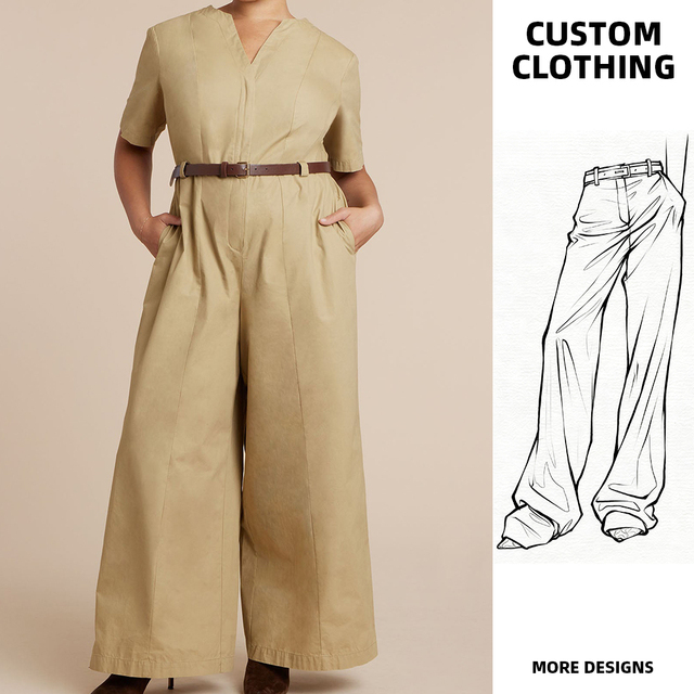 Women's High Waist Wide Leg Jumpsuit Short Sleeve V Neck Belted Casual Elegant Khaki One Piece Romper ODM