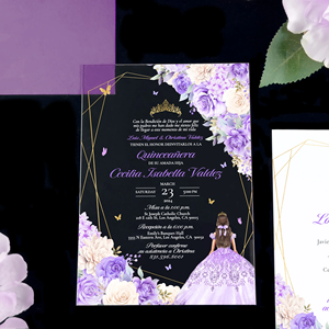 Invitation de Quinceañera de luxe en acrylique transparent rose avec motif floral espagnol et impression personnalisée - Product Image 5