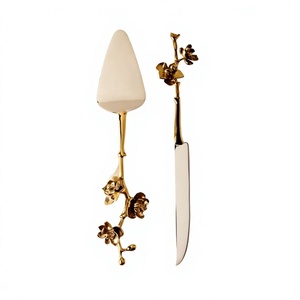 Expensive Light Gold Party Dessert Twig Amazing Embossed Flower Metal Handle Stainless Steel Wedding <b>Cake</b> <b>Server</b> Set Amson Brass - Product Image 1