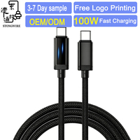 Cable de Carga Rápida Tipo-C a Tipo-C con LED de Doble Iluminación, 100W 5A PD3.0, 1m/2m, Trenzado de Nailon, USB-C para iOS y Cámaras, OEM