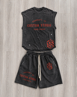 Conjunto Deportivo de Verano Vintage al por Mayor OEM, Logotipo Personalizado, Estampado Puff, Talla Grande, Transpirable, Sin Mangas, 2 Piezas, Pantalones Cortos de Algodón para Hombre