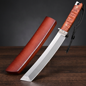 Cuchillo de cocina de hoja fija de acero inoxidable con mango de madera, filo recto de 0.6 mm de grosor para uso en exteriores, calidad industrial. - Product Image 4