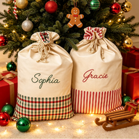 Sac de Noël personnalisé en toile écologique, motif écossais et rayures, patchwork, cordon de serrage, nom brodé sur mesure, sac cadeau d'usine