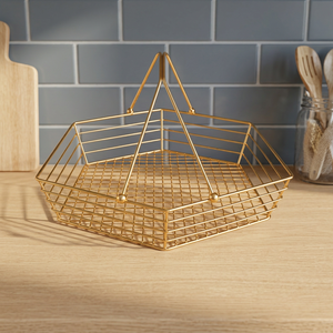 <b>Gold</b> Wire <b>Storage</b> <b>Basket</b> Polygon Shape Minimalist Kitchen Organizer Standing Type Metal Mesh Design With Handles - Product Image 1