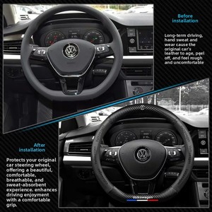 Housse de volant transfrontalière en cuir artificiel fibre de carbone avec logo 5D en relief et emblème de voiture pour poignée de véhicule électrique - Product Image 1