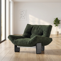 Fauteuil lounge moderne avec base en bois massif - Fauteuil d'appoint ergonomique en tissu bouclé vert foncé pour salon et loisirs en extérieur