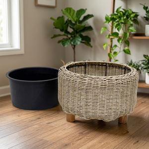 Ensemble de pots de fleurs en plastique pour l'extérieur, jardinières de style rustique, design circulaire avec pieds en bois pour fleurs et plantes vertes - Product Image 6