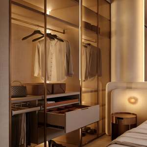 Armario de Vestidor de Gran Capacidad Personalizado BALOM, Marco Dorado, Puerta de Vidrio Acanalado, Iluminación Integrada para el Hogar y Hoteles - Product Image 4