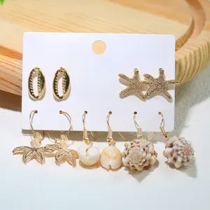 CDD Set Perhiasan pantai emas Bohemian musim panas, Set anting-anting cangkang kerang bintang laut untuk anak perempuan wanita