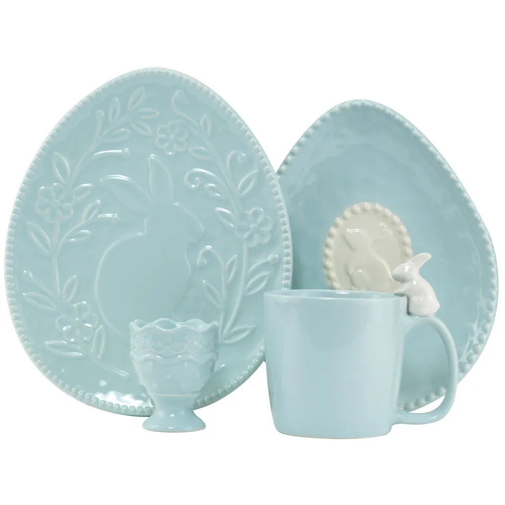 4 Stück Keramik mehrfarbige Kaninchen Ostern Porzellan Geschirr Sets Steinzeug Geschirr Becher Teller Teller Eierhalter Tasse Set