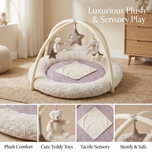 Tapis d'éveil minimaliste crème pour bébé avec pare-chocs rembourré, centre d'activités sensorielles, jouets étoiles détachables, tapis neutre pour le temps sur le ventre - Product Image 2
