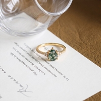 Bague en argent véritable plaqué or 10 carats avec pierre précieuse naturelle en forme de poire, délicate bague en agate mousse en forme de goutte d'eau pour bijoux féminins