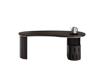 Table de cérémonie du thé Gongfu moderne en placage de chêne foncé, forme de rein, avec garniture métallique et base découpée en forme de pilule, pour salon, entrée, hôtel, spa