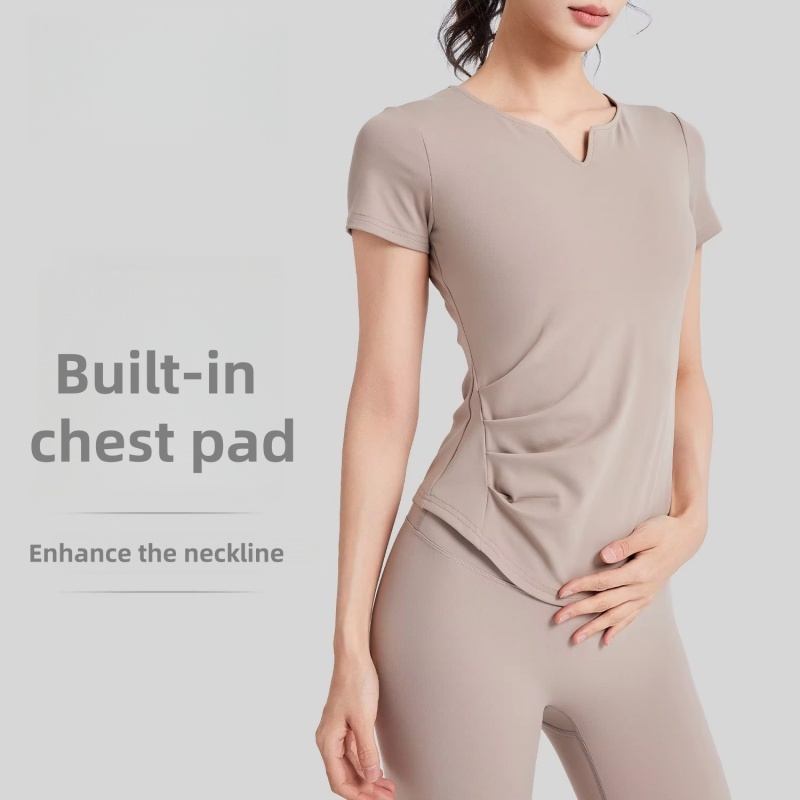 Summer Breathable V-neck Pleated Yoga Sports Fitness Top T-shirt for Women Short-sleeved Fixed Cup Slimming