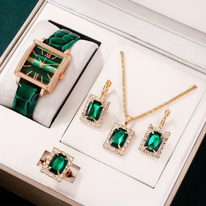 Orologio al Quarzo di Lusso alla Moda per Donna con Bracciale Quadrato con Gemme, Set di Gioielli con Orecchini e Collana, Regalo per Ragazze - Product Image 1