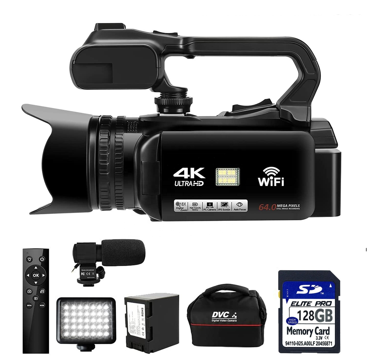 HD Auto Focus 64MP 60FPS WiFi Webcam 4" Touch Screen 18X Digital Zoom Camcorder Video Camera 4K Video Camera with Fill Light