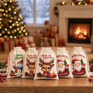 Sac cadeau de Noël en coton à cordon, imprimé Père Noël, bonhomme de neige et rennes, pour fêtes et dessins animés - Product Image 2