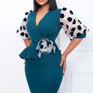 Grande taille nouvelle mode col en v à pois maille épissage manches bouffantes robe crayon femmes travail formel dames bureau carrière robes