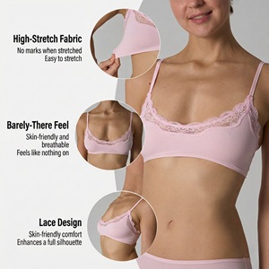SUHE Bralette sin aros de nailon y elastano transpirable con copas delgadas contorneadas y ribete de encaje, sujetador de yoga para mujer con tirantes convertibles y cuello en V - Product Image 2