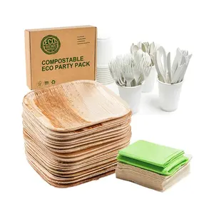 Biodegradable Disposable Eco Friendly Natural Compostable 7-8-9-10 Inch 25-50pcs Square Areca Palm Leaf Bamboo Plates Set