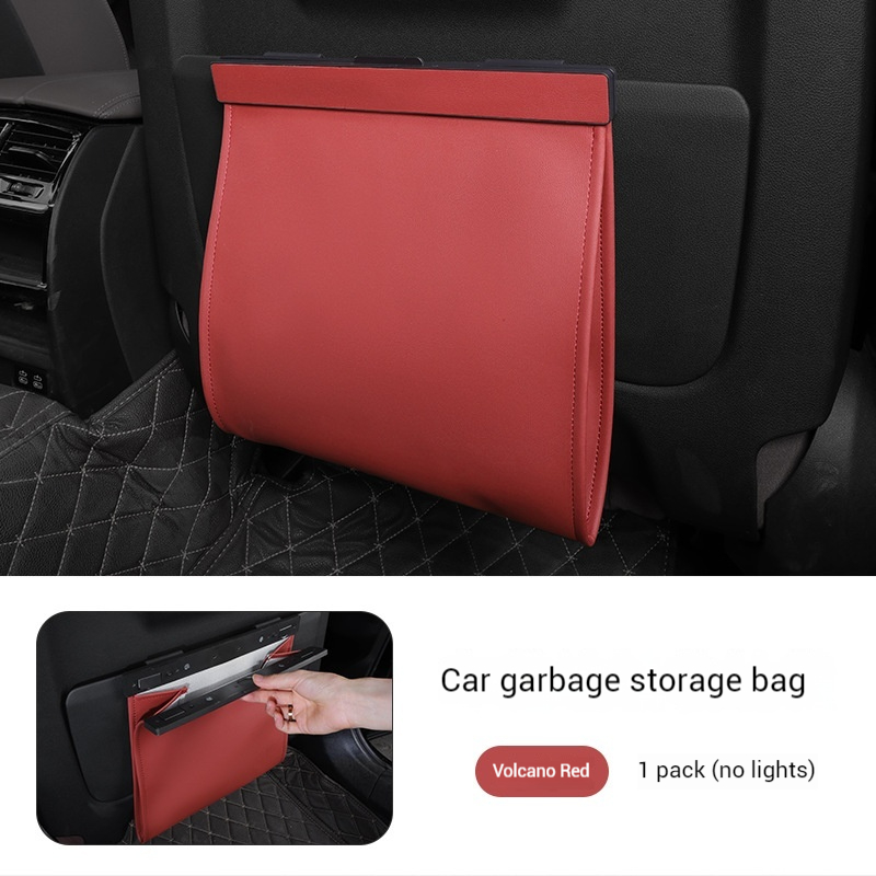 Car Trash Bag Hanging Leather Garbage Bin with Magnetic Closure Waterproof Vehicle Back Seat Organiser Leakproof Waste Storage Pocket Volcano Red