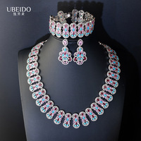 Parure de mariée élégante rose turquoise 3 pièces : collier vintage en filigrane, bracelet large et boucles d'oreilles pendantes
