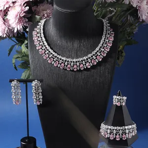 00012 Luxury Bridal Color Crystal Cubic Zircon Necklace Jewelry Sets for Women Arabic Wedding Jewellery Set in Pink Zirconia