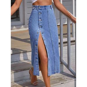 Jupe en jean personnalisée délavée longue midi décontractée pour femme avec fente haute et boutonnage en denim - Product Image 2