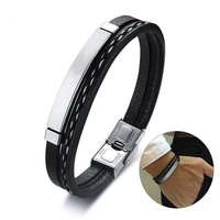 Bracelet en cuir tressé tendance pour homme, bracelet en acier inoxydable contrasté, bijoux de mode