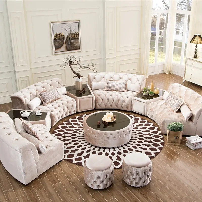 De gama alta de lujo italiano diseño grande contemporánea tela beige botón distintos de terciopelo en forma de círculo de sofá de esquina redondo conjunto