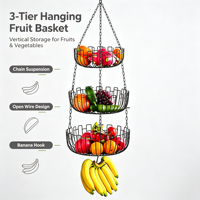 Panier de rangement pour fruits à 3 niveaux en fil métallique, panier mural pour fruits avec crochet pour bananes, pour cuisine et garde-manger