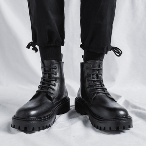 Bottes en cuir les plus vendues, bottes montantes pour hommes, style britannique printemps-automne, chaussures en cuir mi-montantes rétro, bottes noires rehaussantes - Product Image 2