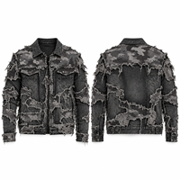 Veste en jean noire délavée pour homme, patchwork camouflage gris, style vintage usé, streetwear, veste trucker, coupe oversize, décontractée