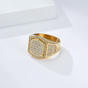 Men's Hexagon Micro Pave Diamond <b>Ring</b> Steel Gold <b>Titanium</b> Steel Party Jewelry - Product Image 3
