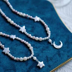 <b>Light</b> Luxury Baroque <b>Stars</b> and Moon Necklace for Girls Natural Night Sky Strolling Towards the Clouds Pearl Pendants & Charms - Product Image 2
