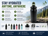 Bouteille d'eau réutilisable écologique en acier inoxydable, anti-fuite, 1000 ml (32 oz), à double paroi, isolée sous vide